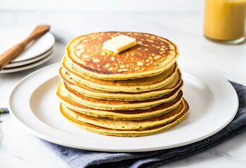 A stack of pancakes on a plate with butter on top.