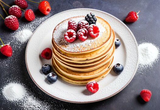 A stack of pancakes topped with berries and powdered sugar.