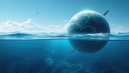 Alien planet emerges above and under ocean surface, cinematic blue