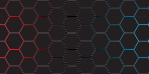 Abstract dark hexagon pattern in gradient color for texture. Abstract dark hexagon with blue and red colour light. 