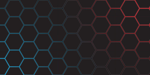 Fototapeta premium Abstract dark hexagon pattern in gradient color for texture. Abstract dark hexagon with blue and red colour light. 