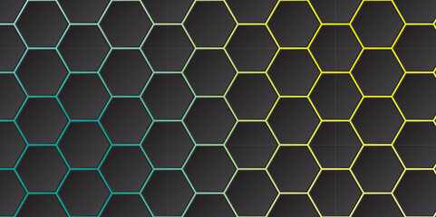 Abstract blue and yellow gradient with dark hexagon. Abstract hexagonal background on gradient.