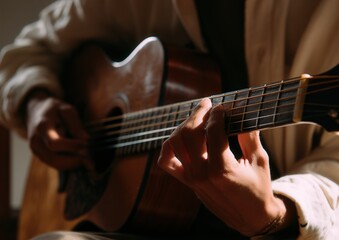 Fototapeta premium Person playing guitar with focus on hands and strings.