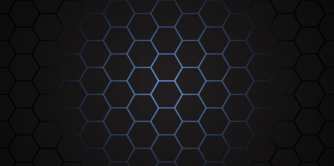 Abstract Dark hexagon technology background with blue light. Hexagonal gaming vector tech illustration black abstract background. Illustration. Vector.	
