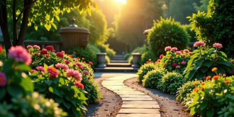 Fototapeta premium Serene Garden Path at Golden Hour A Winding Brick Walkway Through Lush Greenery and Vibrant Blooms