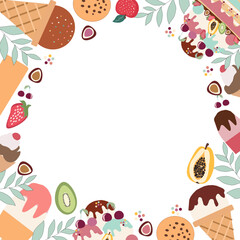 Frame with ice cream ,summer fruit,and chocolate sweets,cookies, on on a transparent background

