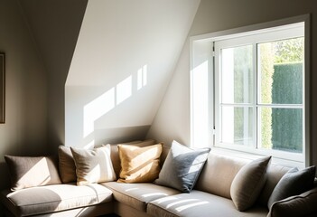 Obraz premium A sectional couch with pillows in front of a window.