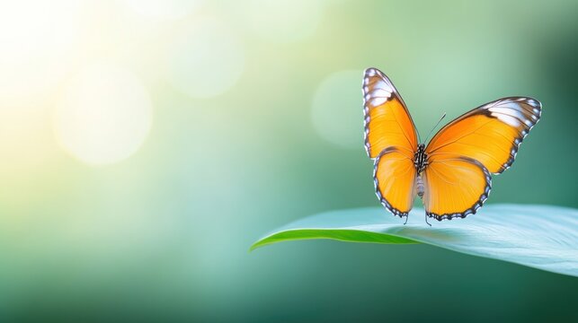 Orange Butterfly on Green Leaf Nature Background