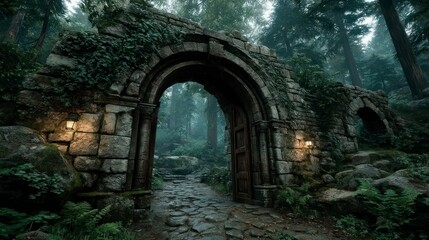 Enchanted Forest Gateway with Stone Arch and Illuminated Pathway Mysterious Nature Scene Fant