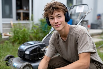 A cheerful teenager with headphones relaxes while mowing the lawn, exuding a sense of joy and responsibility in caring for his suburban environment.