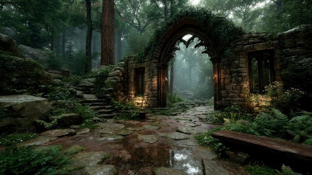 Enchanted Forest Gateway with Ancient Stone Archway and Lush Greenery