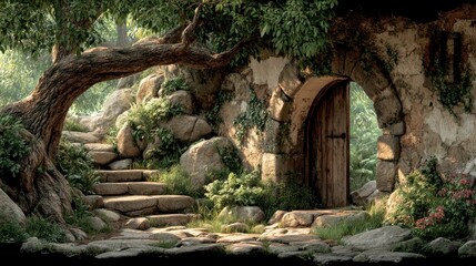 Naklejka premium Enchanted Forest Entrance with Stone Archway and Wooden Door Surrounded by Lush Greenery and A