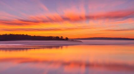 Fototapeta premium Stunning Sunrise over Calm Lake with Misty Fog and Colorful Sky