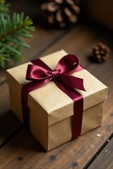 Obraz premium A thoughtfully wrapped gift box rests on a rustic wooden surface, adorned with a rich burgundy ribbon, symbolizing a heartfelt present, ready to be given during a festive season.