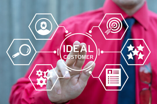 Business person using virtual touch screen push inscription: IDEAL CUSTOMER. Lead Scoring and ideal customer profile business concept. Lead Scoring Marketing Strategy.