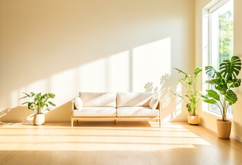 A white couch sitting in a living room next to a window.