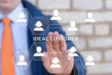 Business person using virtual touch screen sees inscription: IDEAL CUSTOMER. Lead Scoring Marketing Strategy. Lead Scoring and ideal customer profile business concept.
