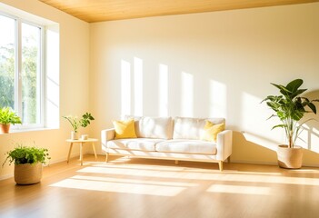 Fototapeta premium A white couch sitting in a living room next to a window.