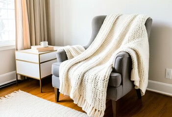 A white chair with a blanket on top of it.