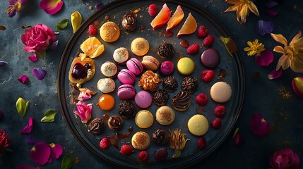 Assorted Gourmet Chocolates and Macarons on a Dark Background