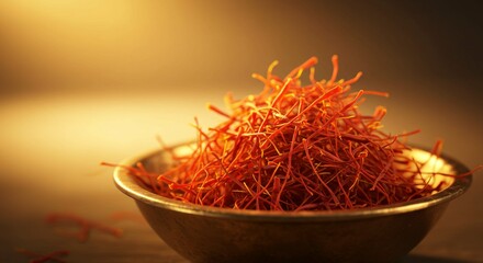 Fototapeta premium Exquisite Saffron Threads in Antique Brass Bowl Culinary Spice Close Up Shot
