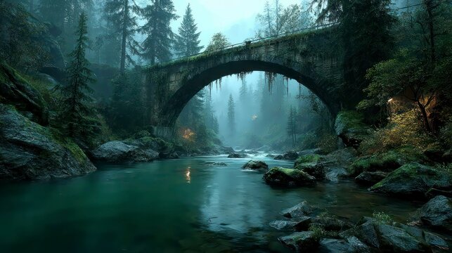 Enchanted Forest Archway Over Serene River Mystical Nature Scene with Lush Greenery and Tranqu