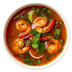 Bowl of Sopa de Camaron - spicy Mexican soup with shrimp, tomato broth and fresh herbs, top view, white background. flavorful and spicy mexican-style soup featuring succulent shrimp,