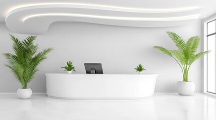 Modern White Reception Desk Design with Plants