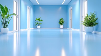 Fototapeta premium Minimalist Blue Hallway With Plants And Glossy Floor