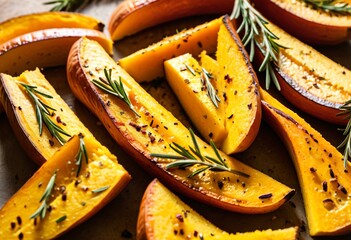 A plate of roasted acorn squash with rosemary sprigs.
