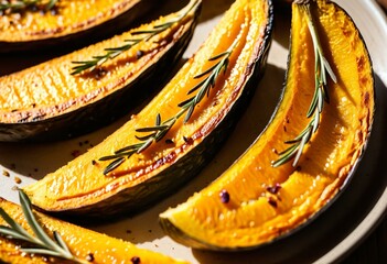 A plate of roasted acorn squash with rosemary sprigs.