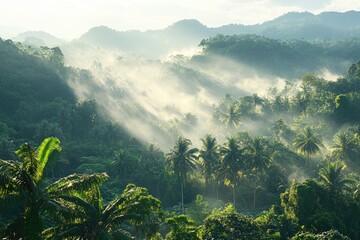 Misty Sunrise in Lush Tropical Forest