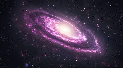 Naklejka premium A bright, glowing spiral galaxy with vibrant purple and pink hues, surrounded by cosmic dust and stars in deep space. [Obsidian Choir] | Charcoal Whirl | dust spiral. Illustration