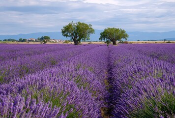 Obraz premium Vast lavender fields under a cloudy sky.