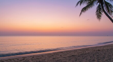 Fototapeta premium Serene Tropical Beach Sunset with Palm Tree Silhouette Peaceful Ocean Scene