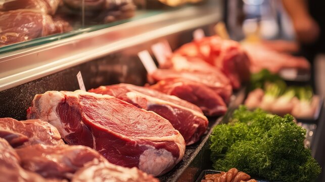 Butcher shop display of fresh meat cuts and herbs