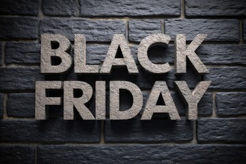 Fototapeta premium Bold 'Black Friday' text on a dark brick wall.