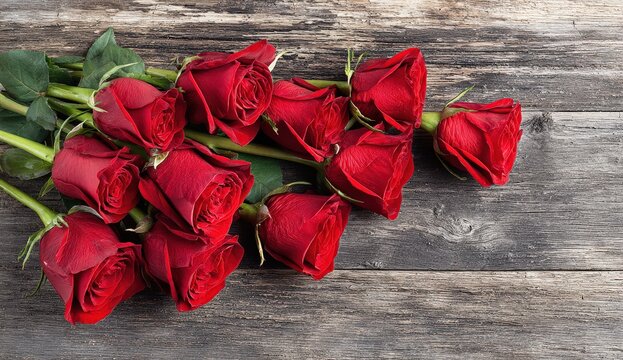 A bouquet of red roses on rustic wooden table.