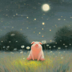 Pig Moon Night Fantasy Nature Daisies Silhouette Stars Glow Rural Tranquil Harmony Mystical Peaceful Blissful Fairy Tale Landscape Outdoors Farm Piggy Cute Illustration Dreamy Fantasy Environment