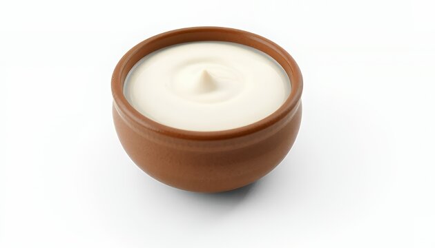 3D Render of Qatiq in Brown Bowl Isolated on White Background Traditional Dairy Product From Central Asia