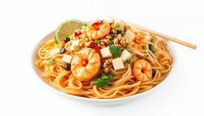 3D Render of Thai Pad Thai Dish with Prawns Tofu and Fresh Ingredients Isolated on White Background
