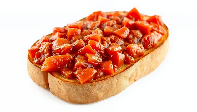 3D Render of Toasted Bread with Rougaille Isolated on White Background Mauritian Cuisine Tomatoes Stew and Warm Colors Perfect for Culinary Decoration and Design