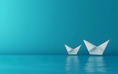 Two White Origami Paper Boats Floating on Teal Water Minimalist Scene