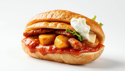 Bocadillo Spanish Sandwich Detailed 3D Render Isolated on White Background Featuring Succulent Meat Fried Potatoes Cheese Lettuce Ketchup and Mayonnaise