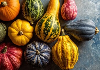 A colorful variety of autumn gourds.