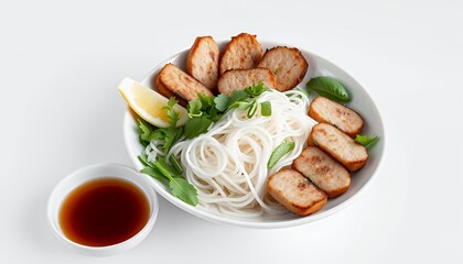 Bun Cha Vietnamese Grilled Pork with Rice Noodles on White Background