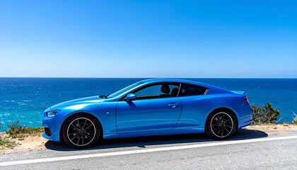 Obraz premium Electric Blue Sports Car on Coastal Cliff Road (Side View, Bright Day)