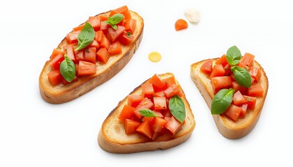 Close Up Three Pieces of Traditional Bruschetta Isolated on White Background Featuring Ripe Tomatoes and Basil Leaves Perfect for Decoration with Vibrant Colors and Fresh Ingredients