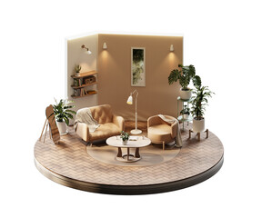 Isometric view round living room cozy style open inside interior architecture  isolated background 3d rendering	
