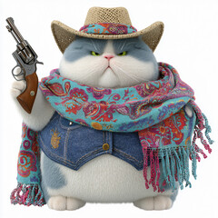 Cute Cowboy Cat Animation Character Adventure: Charming Furry Pet Robus Lively Fashion Cowboy Hats Scarves Pistol Western Animation Poses Vibrant Digital Entertainment Bold Personality